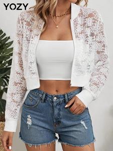 YOZY Women's Plain Floral Lace Sheer Zip Up Jacket, Casual Long Sleeve Mock Neck Outerwear for Spring & Fall, Ladies Clothes for Daily Wear