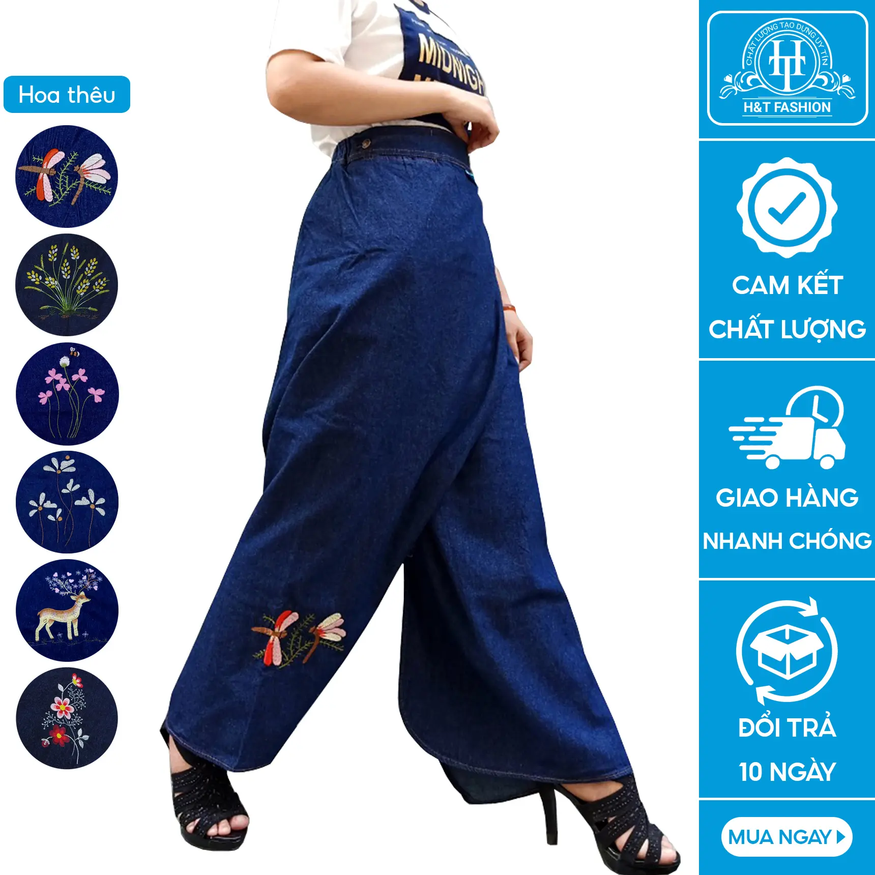 Váy Chống Nắng Dạng Quần Thông Minh Cho Nữ Vải Jean Cotton Dày Dặn Có Thêu Họa Tiết H&T Fashion