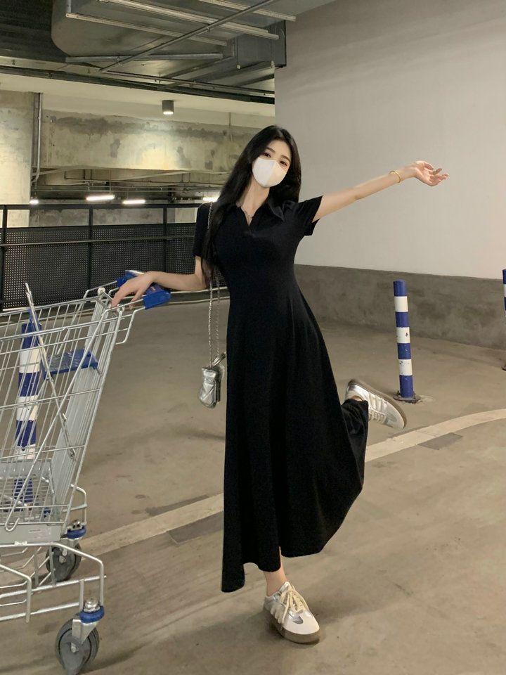 ワンピース French Sleeve Polo Long Dress French Style High-End Short Sleeve Dress for Women, Summer Waist