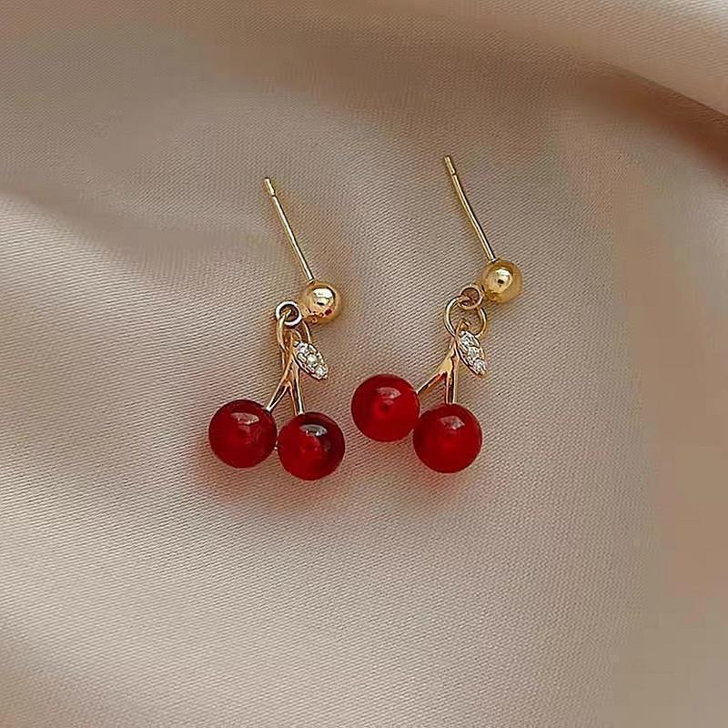 Product Introduction of Necklace Earrings 925 Silver Red Cherry Earrings Simple and Compact Temperament Wild Ins Style High Sense Ornament 3