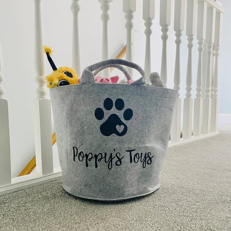 Personalised Dog Toy Basket Organiser - Felt - Grey or Beige Sand - Toy Box - Add your pet's name Gift 7