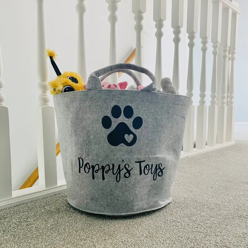 Personalised Dog Toy Basket Organiser - Felt - Grey or Beige Sand - Toy Box - Add your pet's name Gift 6