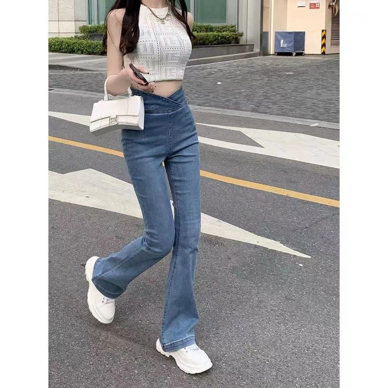 Product Introduction of Tiktok shop- Irregular Jeans Women's High Waist Slim-Fit Skinny V-Shaped Trousers Summer Thin Wide Leg Mopping Bell-Bottom Pants Womenswear Lingerie Lady Streetwear Denim Pockets Basic Fitted Minimalist 6