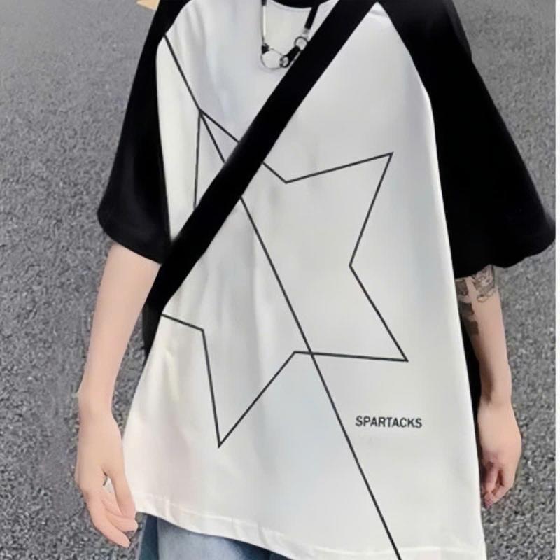 Áo Thun Tay Lỡ Raglan Phối Màu Đen Trắng Họa Tiết Ngôi Sao Chất Poly Form Rộng Nam Hottrend 2025 - Menswear (Sao Phối Tay ) 1