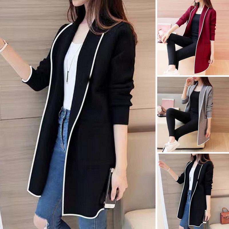 Áo Khoác Thu Đông Cho Nữ, Áo Cardigan Khâu Hở, Dài Tay, Dài Trung Bình Màu Trơn Dáng Rộng Vừa Vặn, Có Túi, Ve Áo, Áo Khoác Ấm Cho Nữ 0