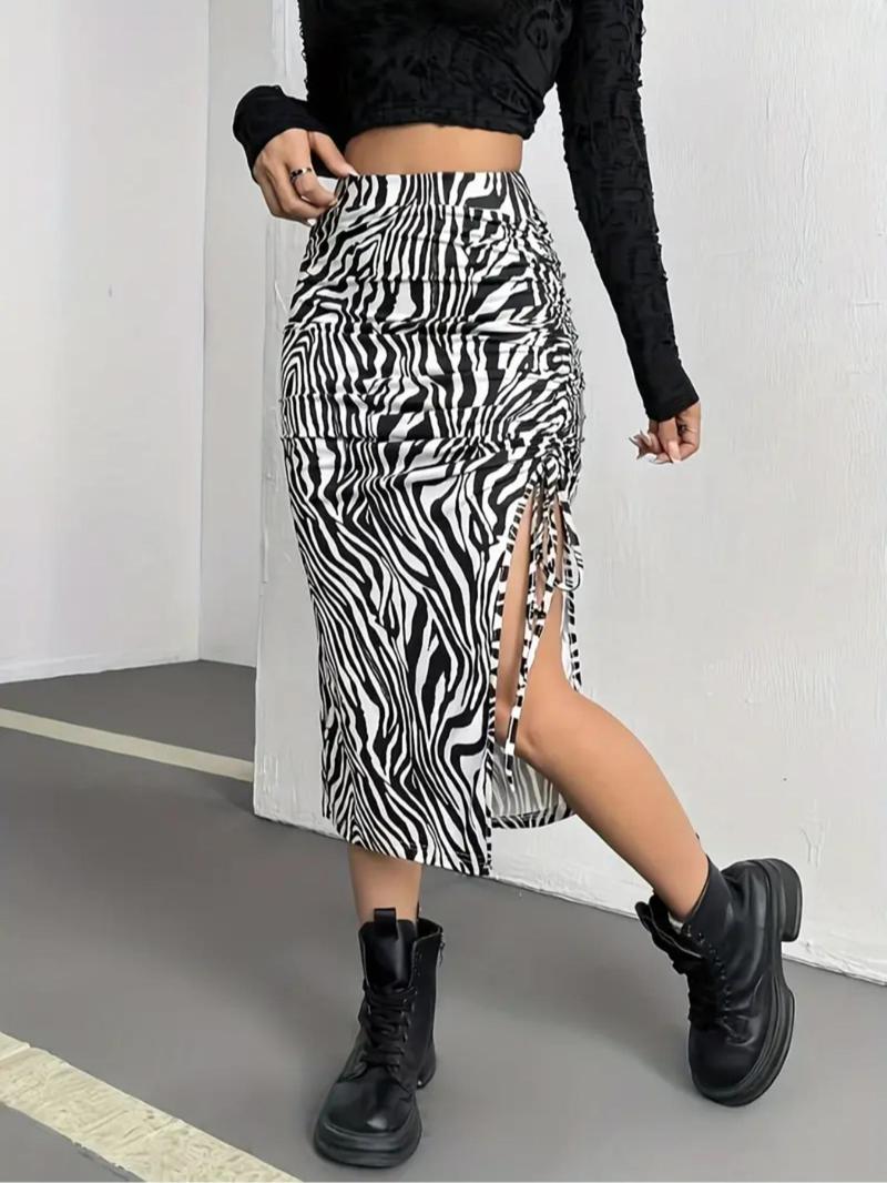 Product Introduction of Women's Zebra Stripe Print Ruched Drawstring Skirt, Fashion Casual Midi Skirt for Daily Outdoor Wear, Ladies Bottoms for All Seasons 1