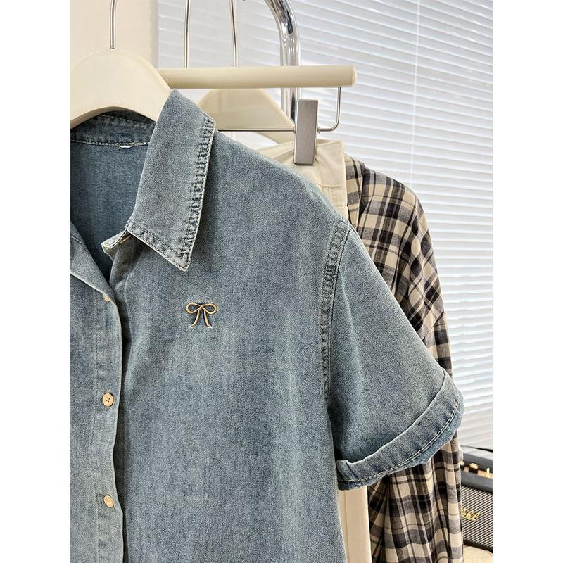 Áo Sơ Mi Denim ngắn Tay Thêu Màu Xanh Dương, Dành Cho Nữ, Phong Cách Mùa Hè, Cổ Polo Cổ Điển Hàn Quốc, Dáng Rộng Vừa Vặn, Áo Cánh Thanh Lịch, Hàng Đầu, HK 2