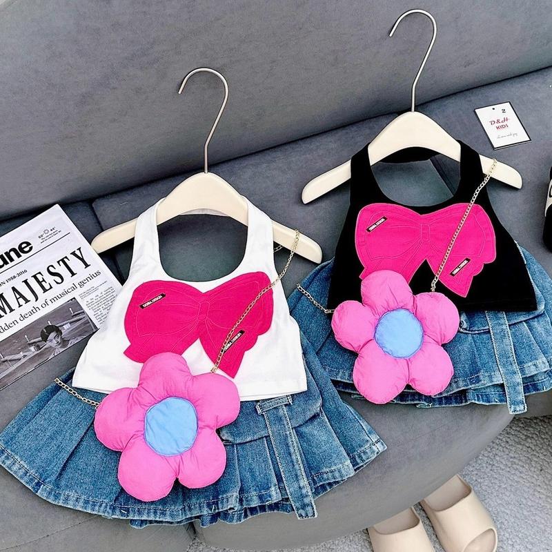(Nguyen Quynh 97) Set áo yếm + chân váy jean bò mềm + túi hoa đeo cho bé gái siêu xinh 8-30kg