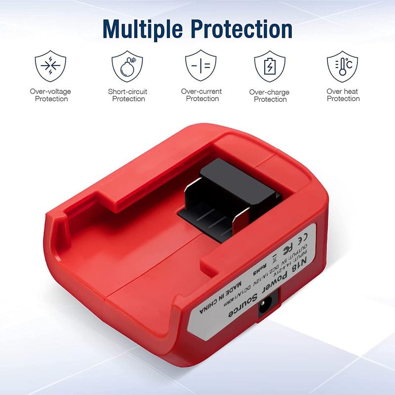Product Introduction of Battery Adapter for Milwaukee 18V Lithium Ion Battery, Battery Adapter with DC Port & LED Work Light & Dual USB Ports, for Milwaukee 49-24-2371 M18 Power Source 43