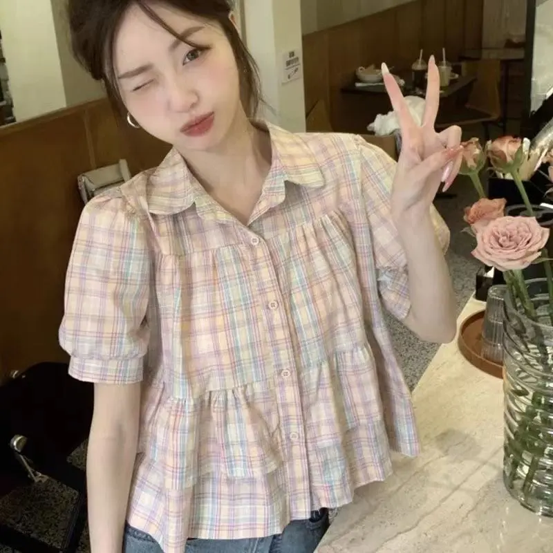 Áo Sơ Mi Kẻ Sọc, Phong Cách Mùa Hè, Nhỏ Và Ngọt Ngào, Cổ Búp Bê Rộng, Thiết Kế Đẹp Cho Bé Gái, Tay bồng Độc Đáo Áo Pháp Top Women Shirt