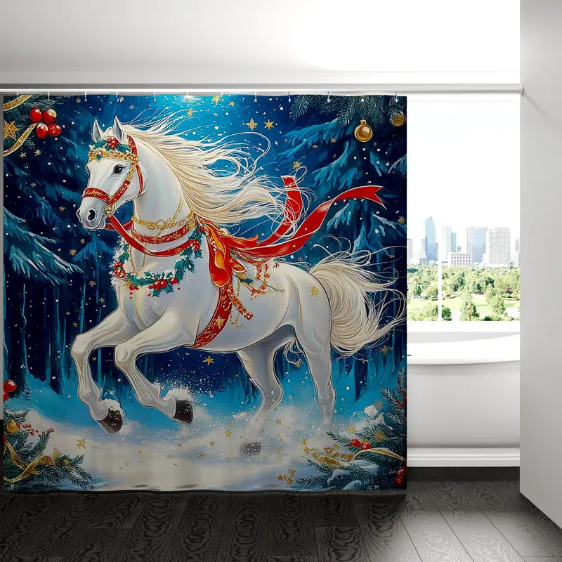Christmas Horse Pattern Shower Curtain Set, 4 Counts/set Including Shower Curtain & Toilet Lid Cover & Rectangular Mat & U-shaped Mat, Bathroom Accessories 2