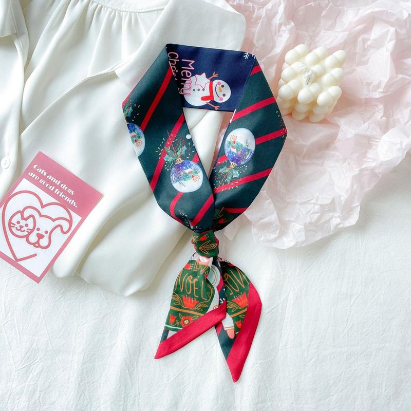 Product Introduction of JASMIN NOIR Silk Red Christmas New Year Print Strip Scarf Women's Hairband Tie Bag Accessories Ribbon Decoration for Bag Christmas  Gift 17