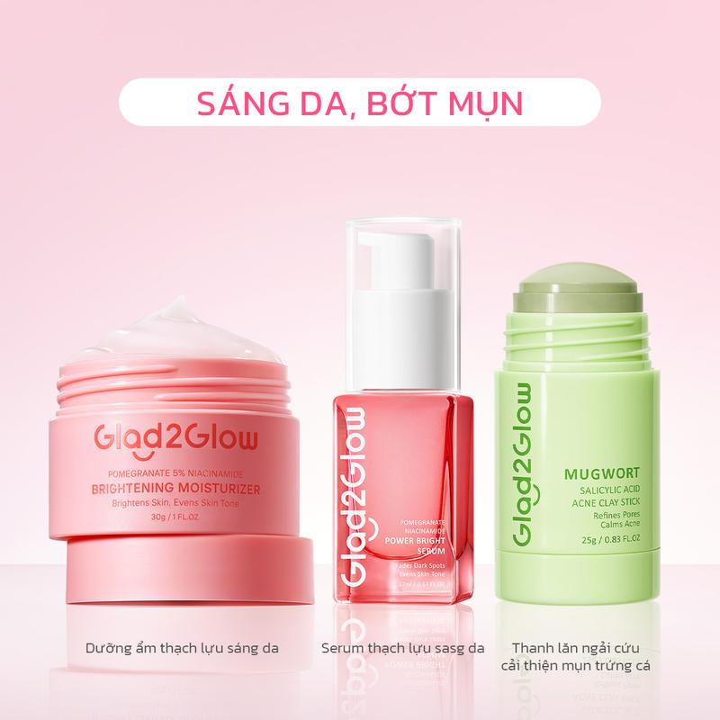 Glad2Glow combo 3 món  -Serum thạch lựu chứa Niacinamide sáng da+Kem dưỡng ẩm thạch lựu chứa Niacinamide sáng da + Thanh lăn mặt nạ đất sét ngải cứu chứa BHA hỗ trợ cải thiện lỗ chân lông Glad2Glow