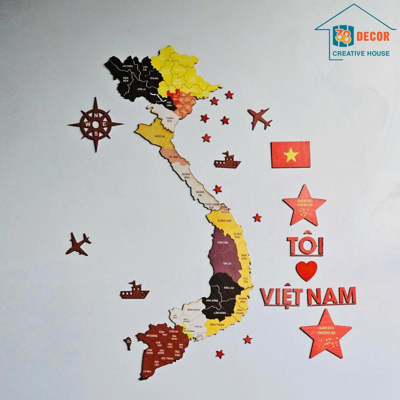 Bản đồ gỗ Việt Nam dán tường, kèm theo phụ kiện keo 2 mặt trang trí nhà Decor Decor Phòng Decal