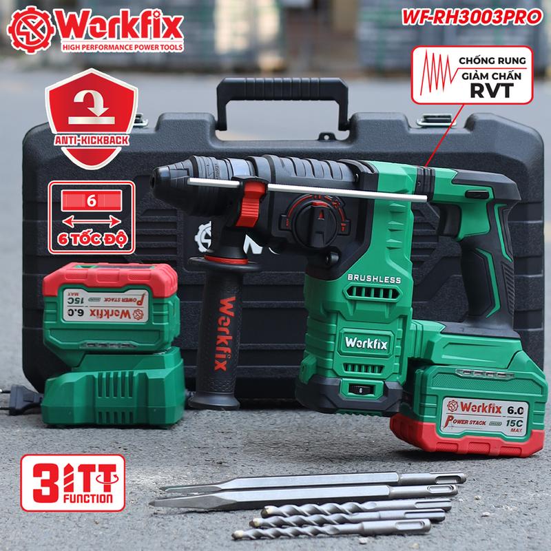 [Tặng Quạt Workfix 8 Inch + 1 Bộ Mũi Khoan Đục Bê Tông] Máy Khoan Đục Bê Tông 3 Chức Năng Dùng Pin 21V Workfix - WF-RH3003PRO - Có Anti-kickback, Giảm Rung RVT - 6 Tốc Độ - Chân Pin Phổ thông 2 Pin 21V/6Ah - Động Cơ Từ Lõi Đồng