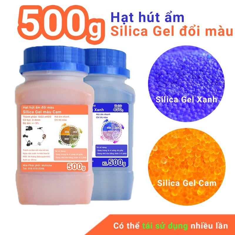 Hạt hút ẩm hộp 500g Silica Gel đổi màu hút ẩm nhanh, có thể tái sử dụng nhiều lần, lọ nhựa kín khí tiện dụng
