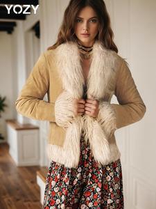 YOZY Women's Contrast Faux Fur Trim Coat, Casual Long Sleeve Open Front Outerwear for Fall & Winter, Ladies Clothes for Daily Wear