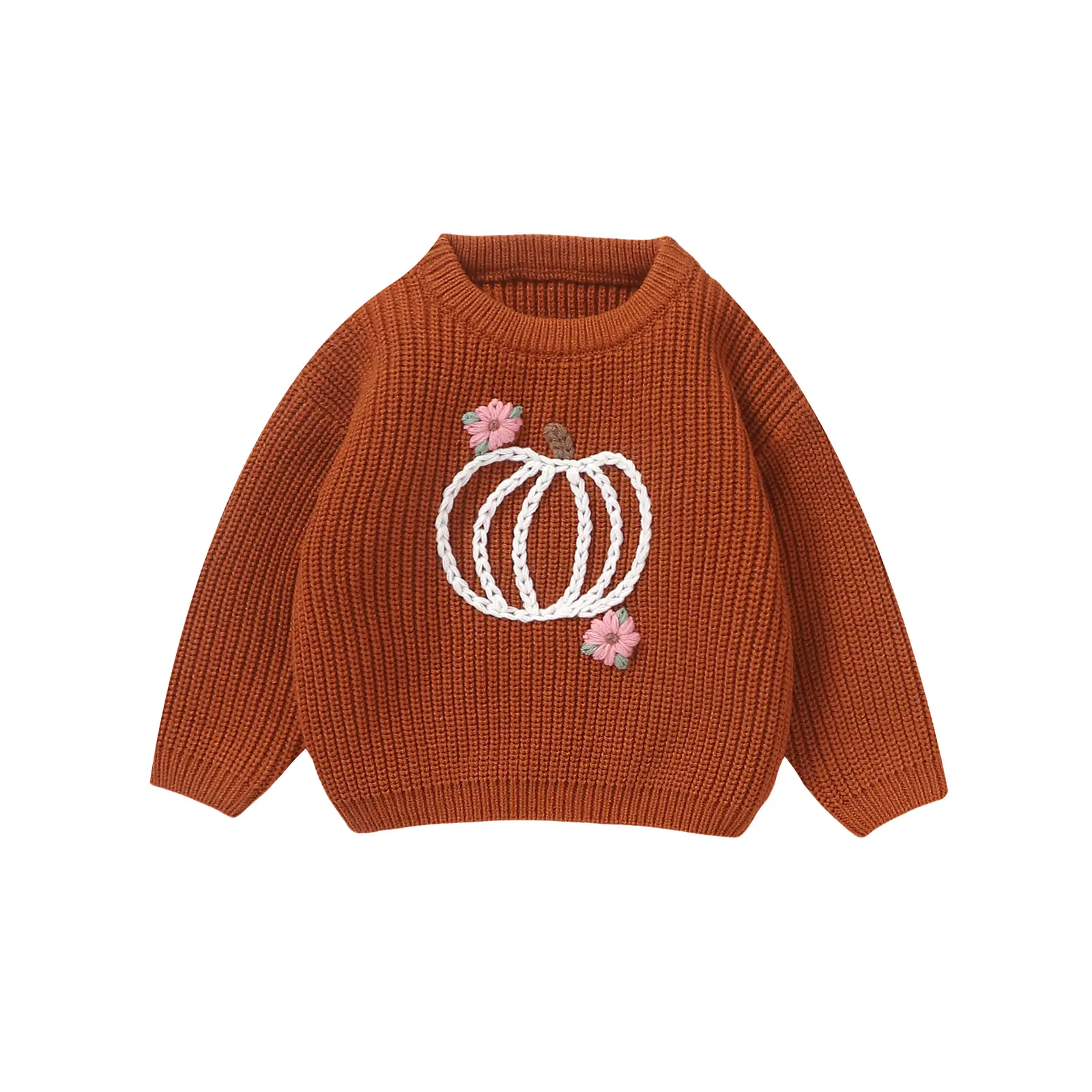Baby Girl Sweaters Classic Long Sleeve Pumpkin Flower Embroidery Knit Pullover Toddler Fall Tops