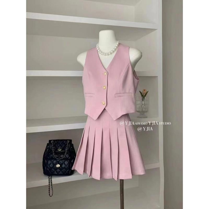 Áo Vest Phong Cách Pháp, Phong Cách Cổ Điển Thanh Lịch, Cạp Cao, Váy Xếp Ly Chữ A Ngắn, Bộ Hai Mảnh, Thời Trang Nữ Mùa Hè, Năm 2025 0