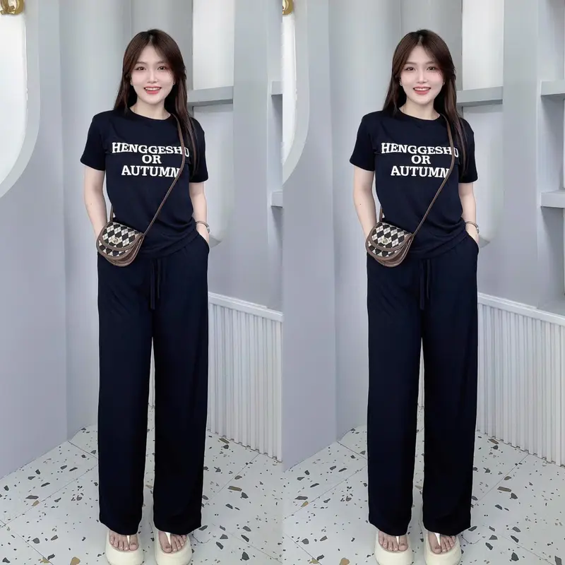 Bộ Nữ Tăm Lạnh Quần Suông + Áo Tay Ngắn Cổ Tròn Phối Chữ Bigsize 45-75kg 3