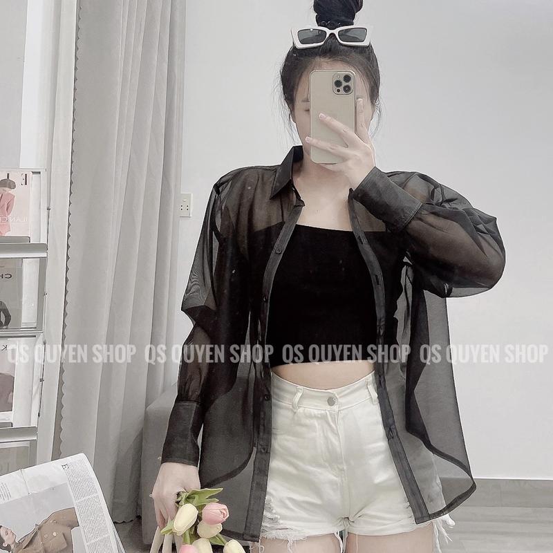Áo Sơ Mi Voan Mỏng (KÈM ÁO 2 DÂY CROPTOP MÀU NGẪU NHIÊN) Tay Phồng Ulzzang Nữ Women