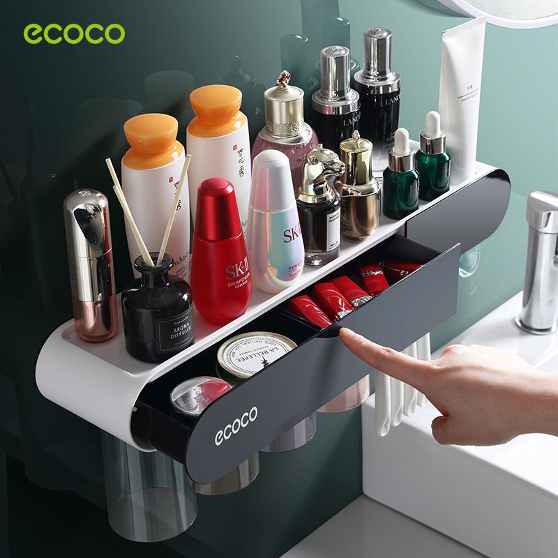 Bộ Nhả Kem Đánh Răng Tự Động ECOCO - Kệ Treo Bàn Chải Lắp Đặt Dán Tường Gạch Men Kèm Cốc Hút Nam Châm