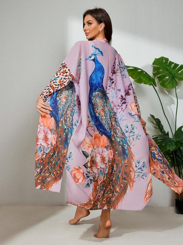 [Plus Size] Peacock & Floral Print Belted Wrap Kimono Cardigan, Casual Boho Three Quarter Length Sleeve Split Hem Kimono Cardigan, Women's Summer Swimwear for Beach Holiday Vacation 2