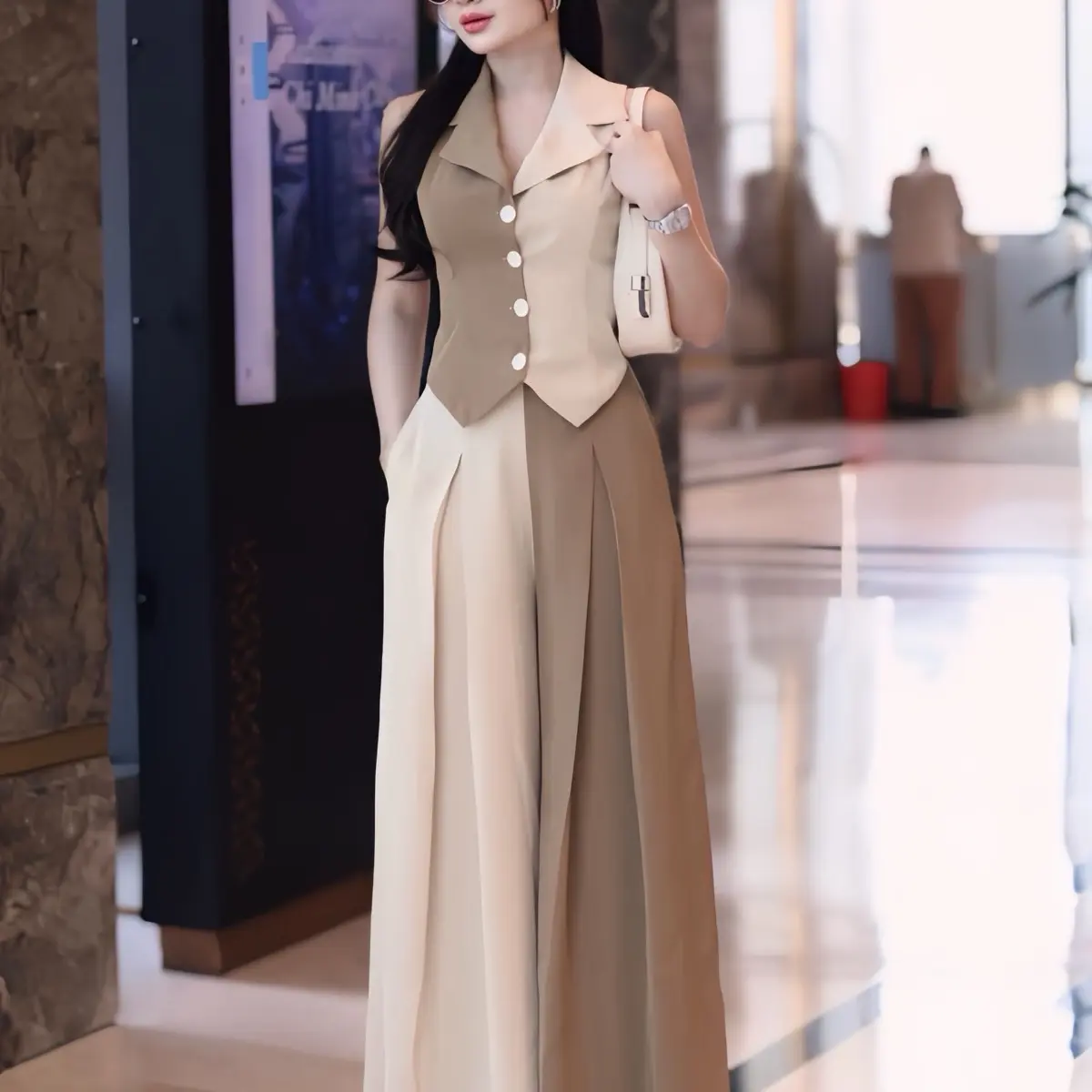 SÉT BỘ QUẦN ỐNG RỘNG ÁO GILE PHỐI 2 MÀU ĐI LÀM, ĐI CHƠI, ĐI TIỆC, SÉT BỘ CÔNG SỞ, SÉT ỐNG RỘNG THANH LỊCH VÀ SANG TRỌNG Nhung Ong
