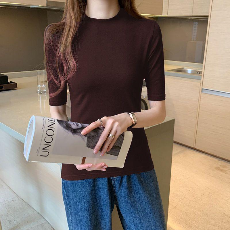 Áo Thun Tay Lỡ Màu Đen Dáng Ôm, Dành Cho Nữ, Màu Trơn Áo Thun Mỏng Cổ Lọ Và Tay Lửng Hàng Mới Về Mùa Xuân Và Mùa Hè 2024, Áo Lớp Nền Top Women 5