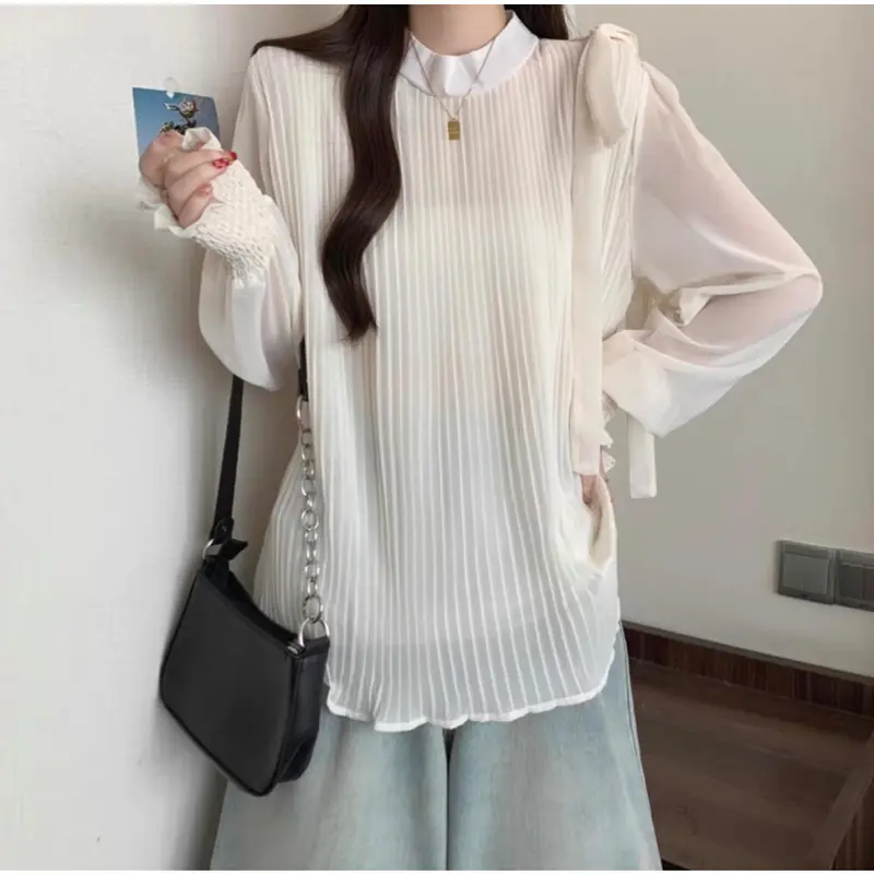 CHICMORE Atasan Blus Gaya Elegan Lengan Panjang Model Balon Leher Bulat Untuk Wanita 3