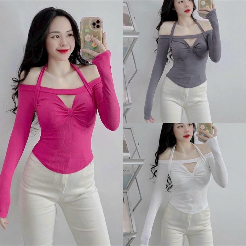 (Xả kho) Áo kiểu bẹt vai phối cổ yếm gân mịn