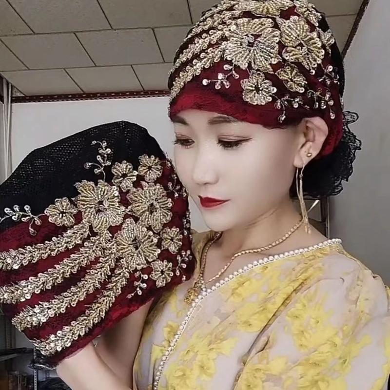 Product Introduction of Glitter Diamonds Embroidery Lace Turban Hats for Women Muslim Headscarf Head Wraps Caps Female Daily Beanie Hair Cover Cap 2
