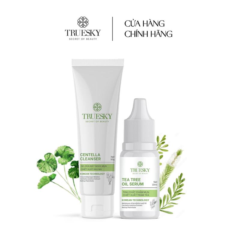 Bộ sản phẩm dành cho da mụn Truesky gồm 1 tinh chất chấm mụn tràm trà 10ml + 1 gel rửa mặt rau má 50g