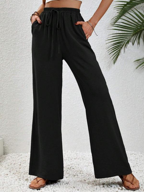 Women's Solid Drawstring Waist Pants, Casual Pocket Trousers for Summer, Women's Bottoms for Daily Wear 5
