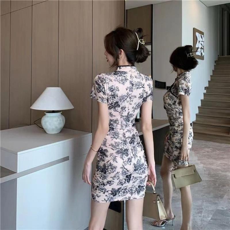 Product Introduction of Elegant Floral Flower Mini Dress Hollow Frog Botton Short Cheongsam Skirt Girlfriend Dress Evening Party Dress Chinese Style Chi-pao Ladies/Girl 17