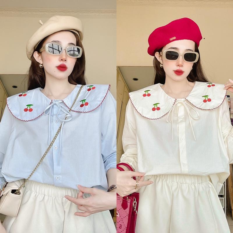 Áo Sơ Mi Dáng Rộng “SURY” Thêu Quả Cherry Cổ Lá Sen Nữ
