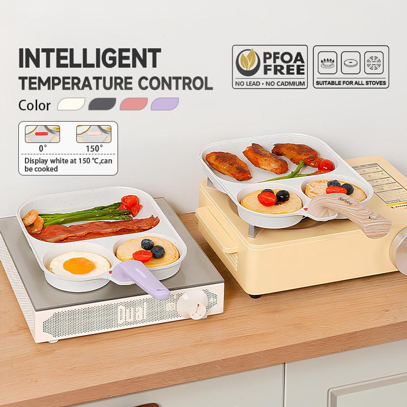 [SUPVIBE] Chảo Chiên Rán Trứng Làm Bánh 3 Ngăn 3 Lỗ Chống Dính Khuôn Chảo Chống Dính Tay Cầm Gỗ, 4 Trong 1, Chảo Bữa Sáng, Đa Chức Năng