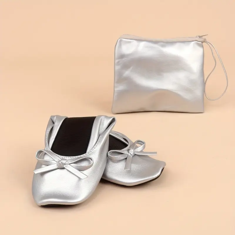 Soft and Comfortable 2311-2 Black + Bow Silvery Women's Casual Fashion Dance Shoes - Foldable Easy-to-Carry Non-Tired Feet All-match Home 7