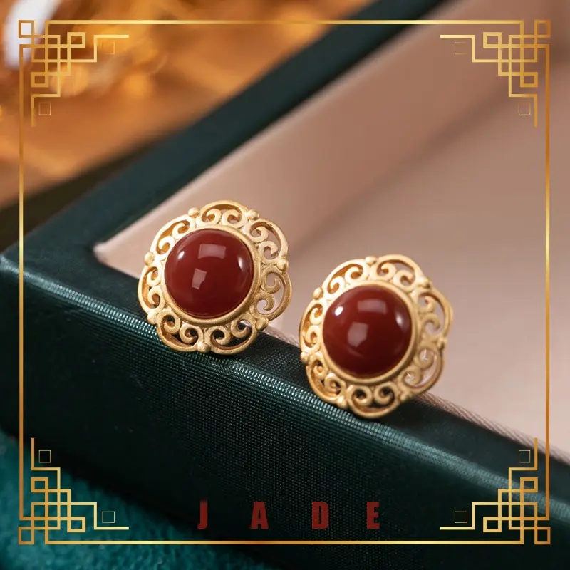[Lucky Jade]  Carved Hollow-out Craft S925 Silver Inlaid South Red Palace Style 18K Gold Plated Fashionable Simple Exquisite Earrings