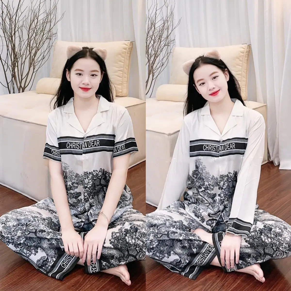 [40-58kg] Bộ Ngủ Nữ Pyjama Latin Rừng Đen Chữ Dear Thiết Kế Vải Mềm Mịn Quần Có Túi Women