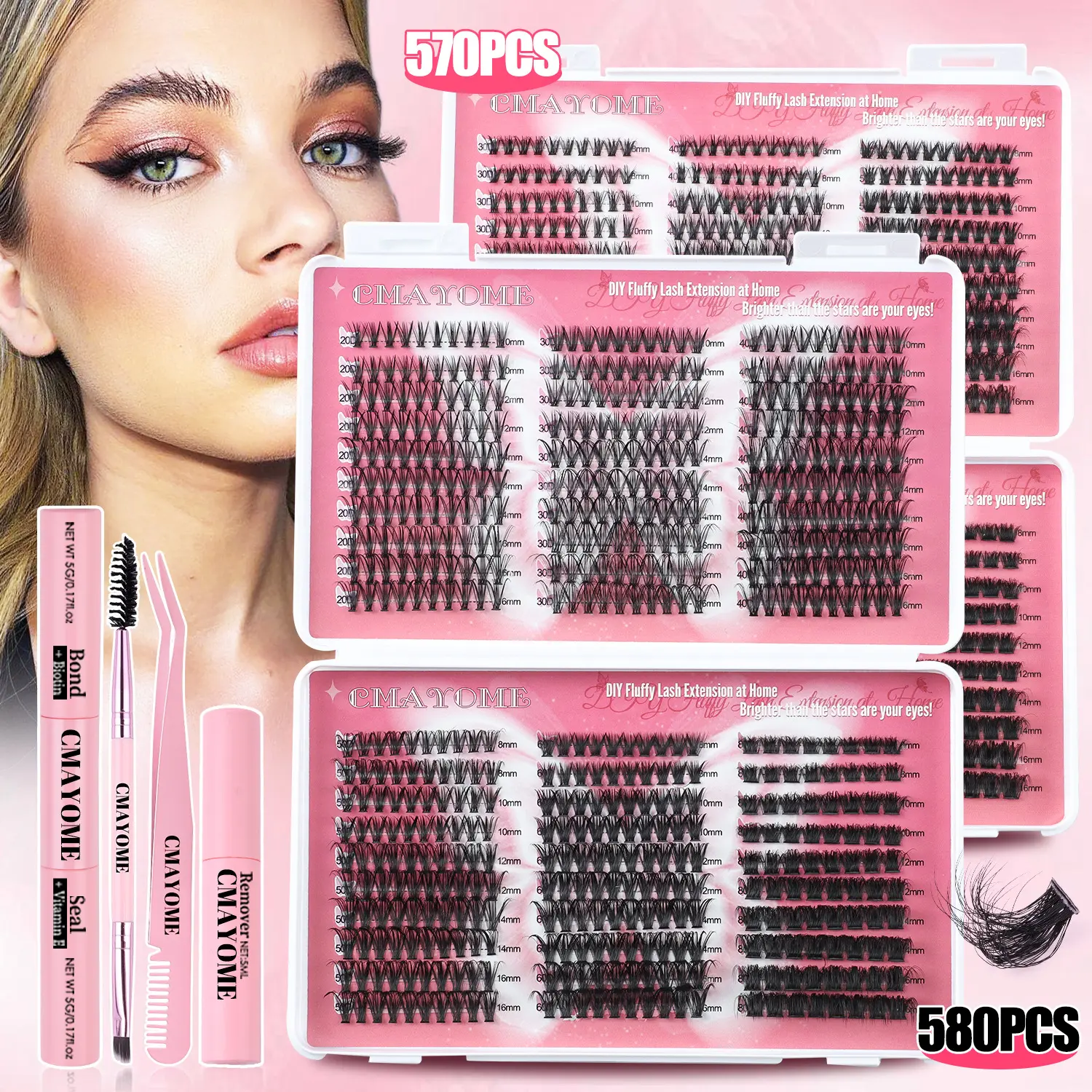 570 cluster oversized capacity, DIY personal, natural thick D section false eyelash set, makeup eyelash extension, complete set of tools for beginners, double-headed glue/tweezers/brush/makeup remover Cosmetic