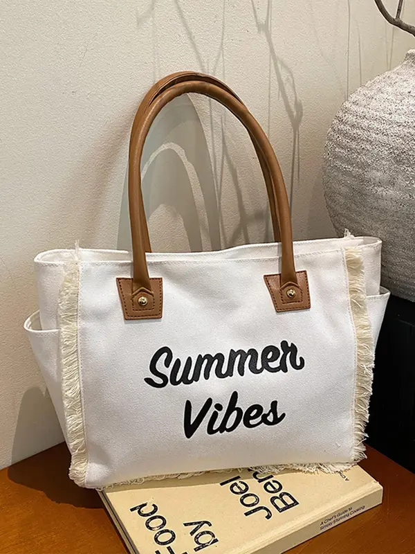 Women's Fashionable Letter Print Tote Bag, Casual Large Capacity Shoulder Bag for Daily Used, Trendy All-match Bag for Commuters and Students 7