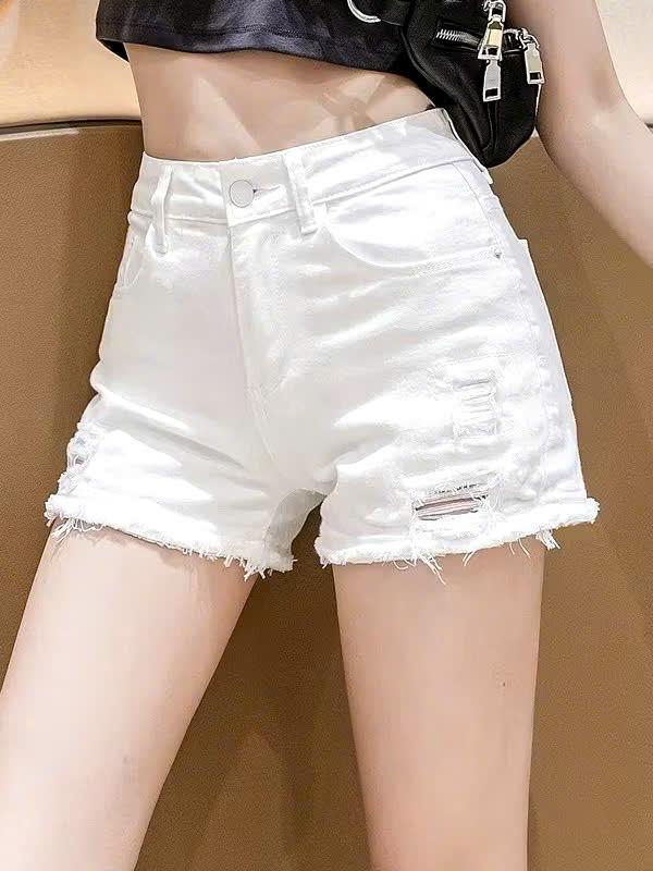 Quần Shorts Đùi Jean Co Giãn Nữ Lưng Cao Rách Đùi Tua Rua Nhung Women Voi Pants