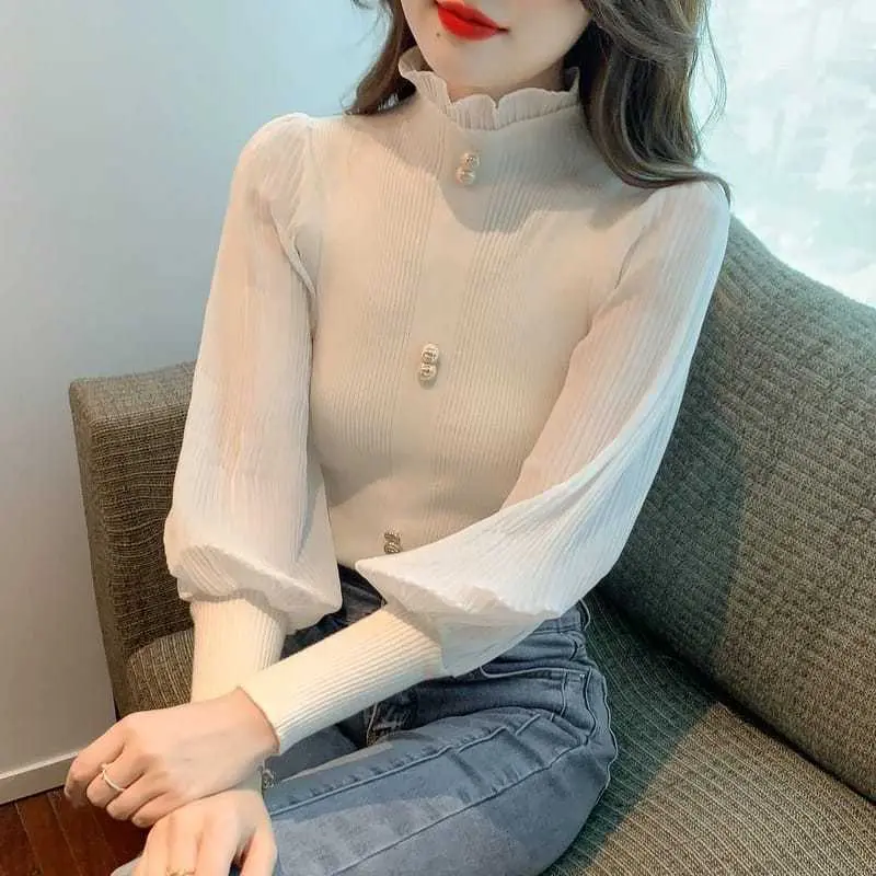 FLIDA FASHION - E01 blouse atasan rajut wanita turtleneck lengan balon panjang 2