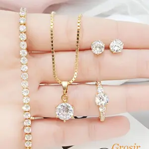 Set Perhiasan Wanita Titanium Soliter Full Permata: Kalung, Gelang, Cincin & Anting - Liontin