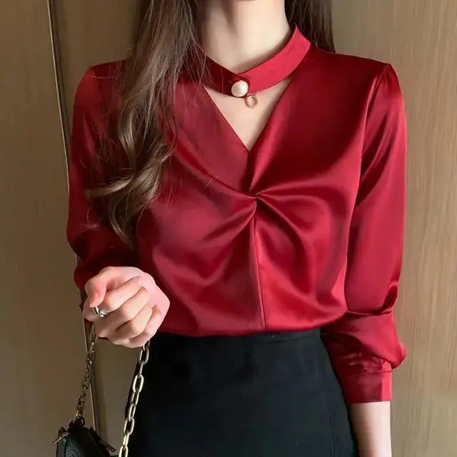 Áo Sơ Mi Lụa Giả, Bộ Sưu Tập Mùa Xuân, Dành Cho Phụ Nữ, Dài Tay, Thiết Kế Mới, Thời Trang, Áo Đặc Biệt, Dễ Phối Đồ, Duyên Dáng, Áo Sơ Mi Lớp Nền Top Women Shirt
