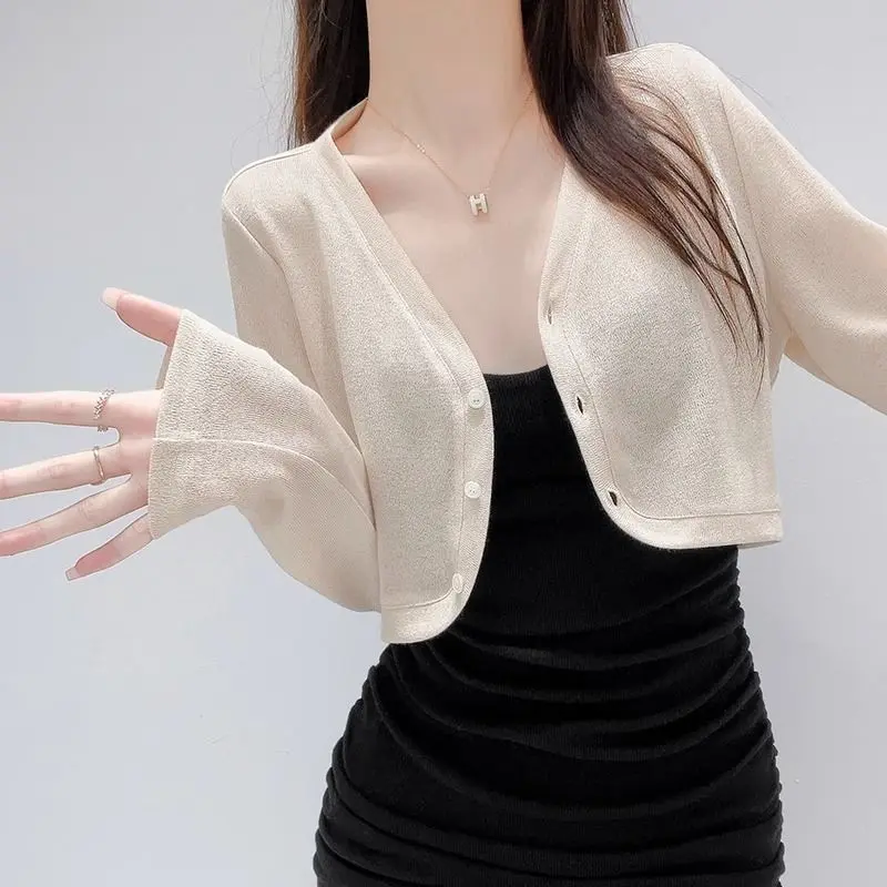 Áo Cardigan Chống Nắng Mùa Hè, Dành Cho Nữ, Kiểu Khăn Choàng, Dệt Kim Bằng Lụa Lạnh Ngắn, Áo Điều Hòa Không Khí, Mỏng Với Váy Hai Dây, Thích Hợp Cho Áo Ghi Lê Và Áo Cánh Nhỏ Voi Nhung Women Top Nho