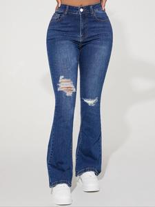 Women's Plain Ripped Flare Leg Jeans, Casual Comfy Button Fly Pocket Denim Trousers for Daily Wear, Ladies Bottoms for Fall & Winter