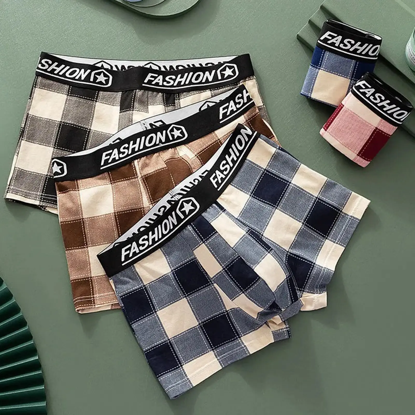 faousoe-Men Boxers U Convex Plaid Print Contrast Color Underwear Breathable Anti-septic Casual Mid Waist Men Underpants for Inner Wear