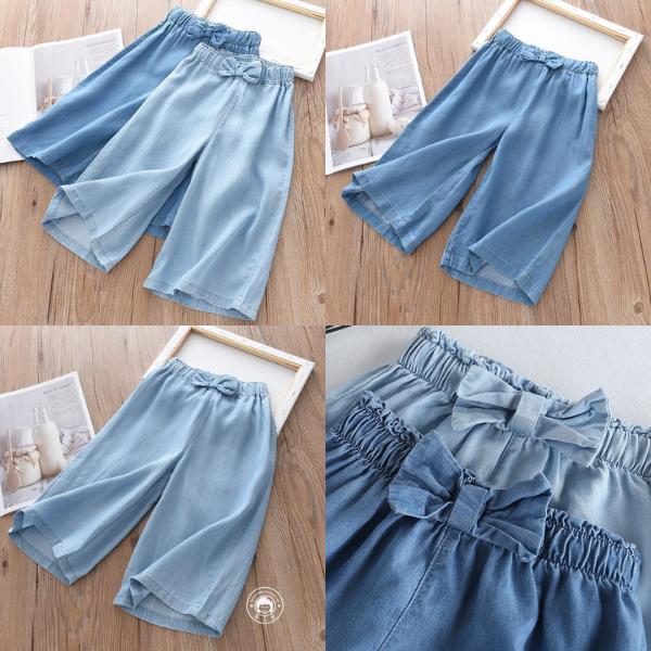 Combo 2 quần jean bò nơ - chất jeans giấy cho bé gái ống suông rộng dáng lửng size đại MOONBE 10-55kg thời trang trẻ em Bò đính nơ quanbo chobe chill quan Legging